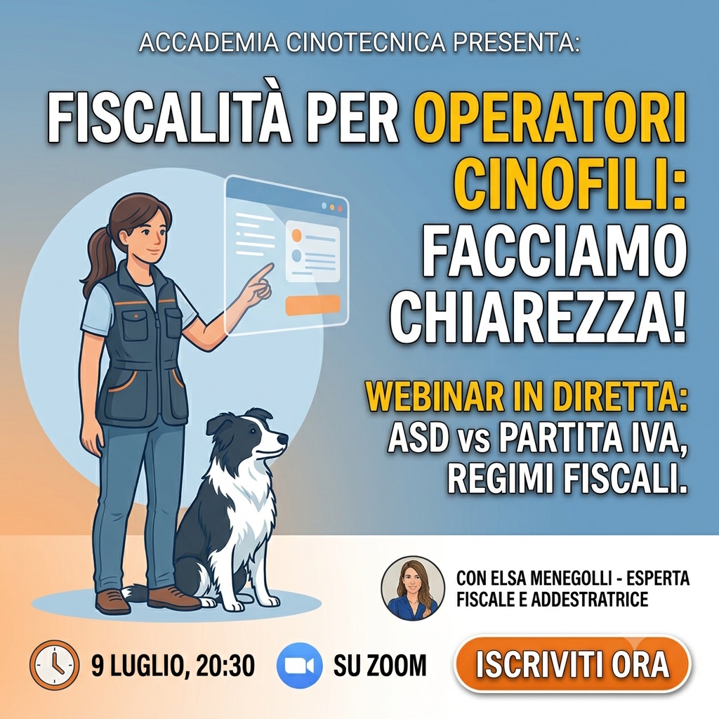 Webinar Live : Fisco & Cinofilia – Come Mettersi in Regola, Evitare Sanzioni e Valorizzare il Tuo Lavoro – Giovedì 9 luglio ore 20:30