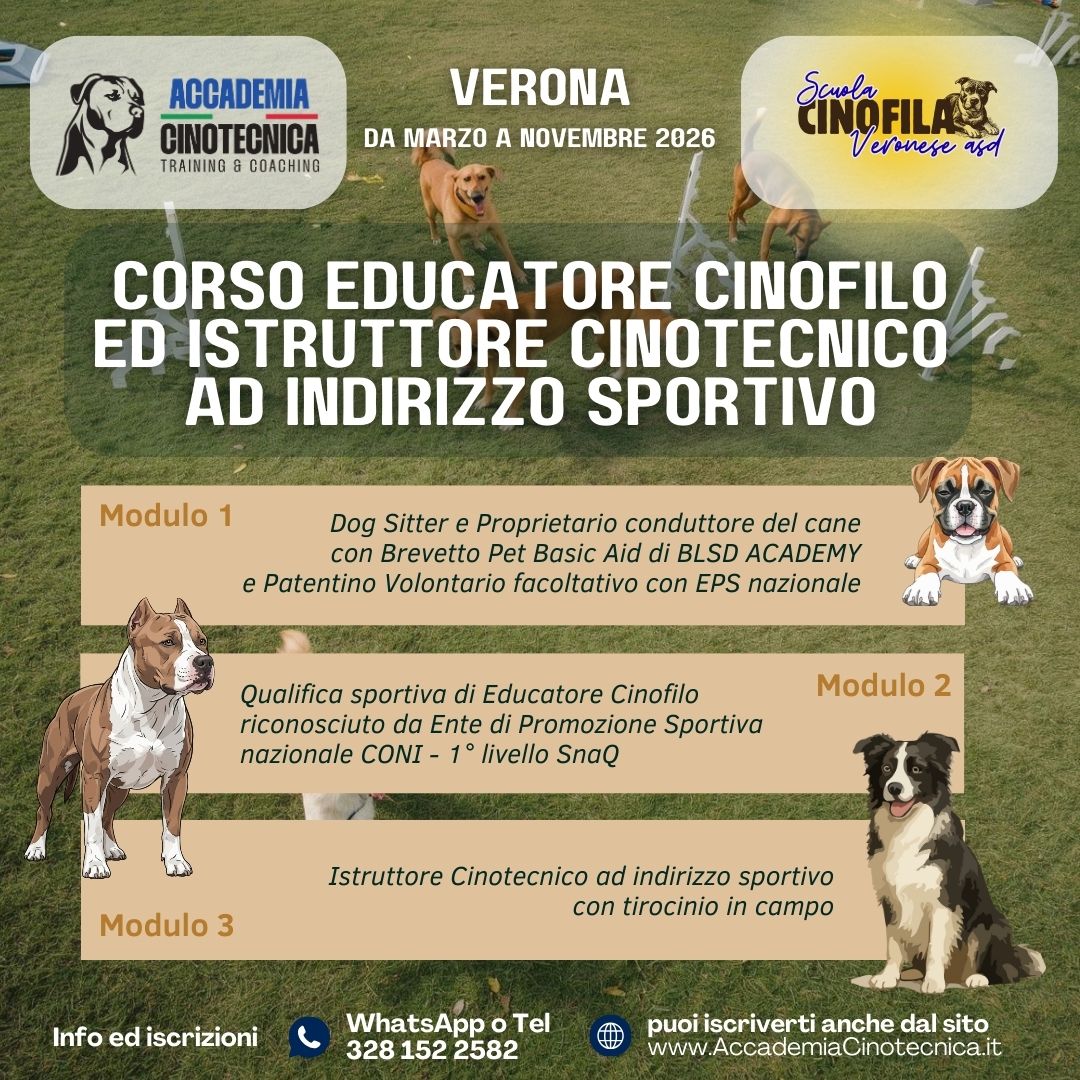 Corso Educatore Cinofilo ed Istruttore Cinotecnico ad indirizzo sportivo a Verona dal 5 marzo 2026